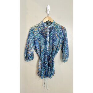 Lauren Ralph Lauren Women’s Sz Lg Blue Paisley Sheer Button 3/4‎ Sleeve Blouse
